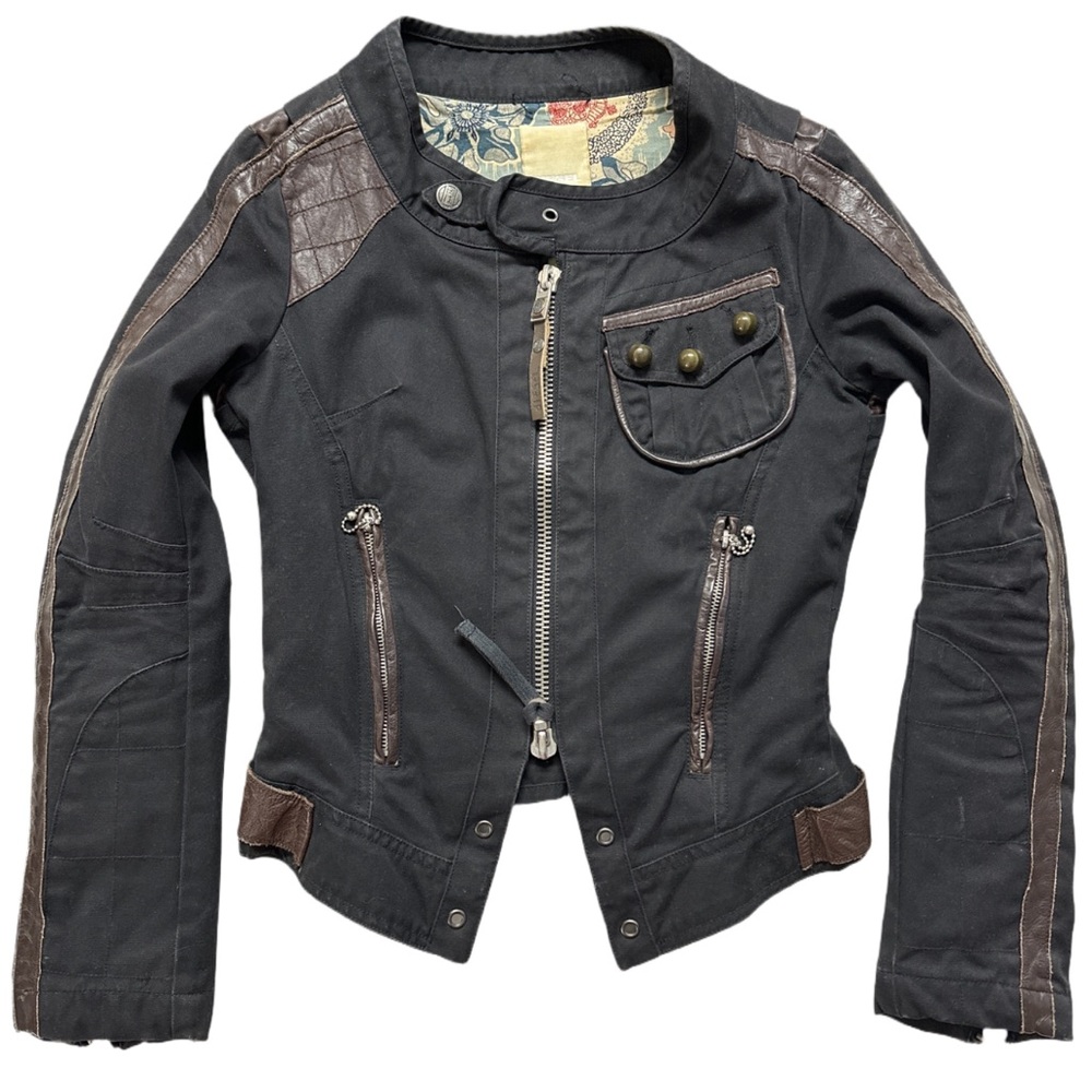Y2K DIESEL rare black slim fitted nightriders leather trim jacket, S. - Picture 3 of 8